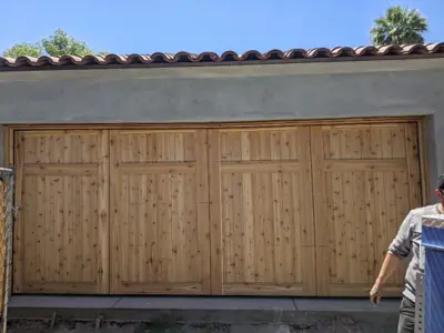 Custom Wood Overlay Garage Door Installation with Smart Opener