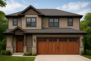 Contemporary style wood garage door on home