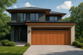 Rustic lodge style wood garage door on home