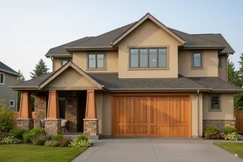 Carriage house style wood garage door on home