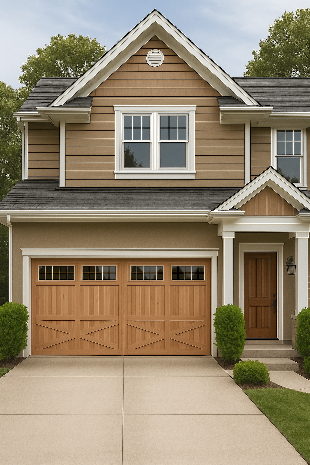 Mission style wood garage door on home